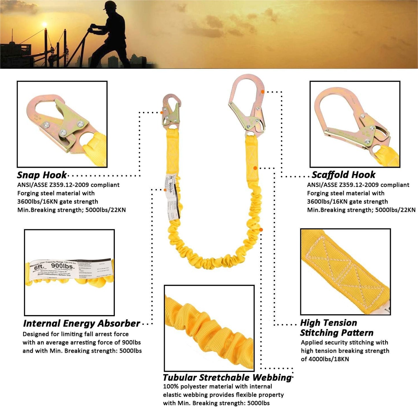 WELKFORDER Single Leg 6-Foot Fall Protection Internal Shock Absorbing Stretchable Safety Lanyard with Snap & Rebar Hook Connectors CSA＆ANSI Compliant
