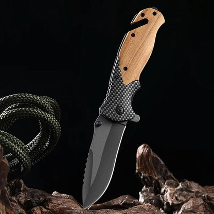 EDC Folding Knife-Pocket knife-Glass Breaker, Seatbelt Cutter, Perfect for Camping,Everyday Carry Knife for Men and Women-Indoor/Outdoor-Wooden Handle