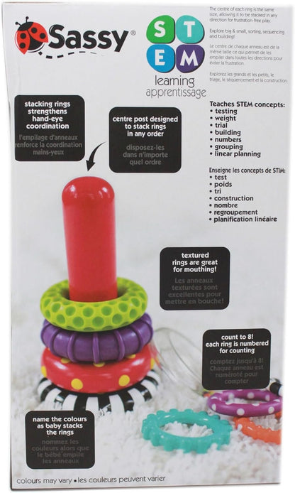 Sassy Stacks of Circles - Stacking Ring STEM Developmental Learning Toy - High Contrast Multicolored 9 Piece Set - For Ages 6+ Months