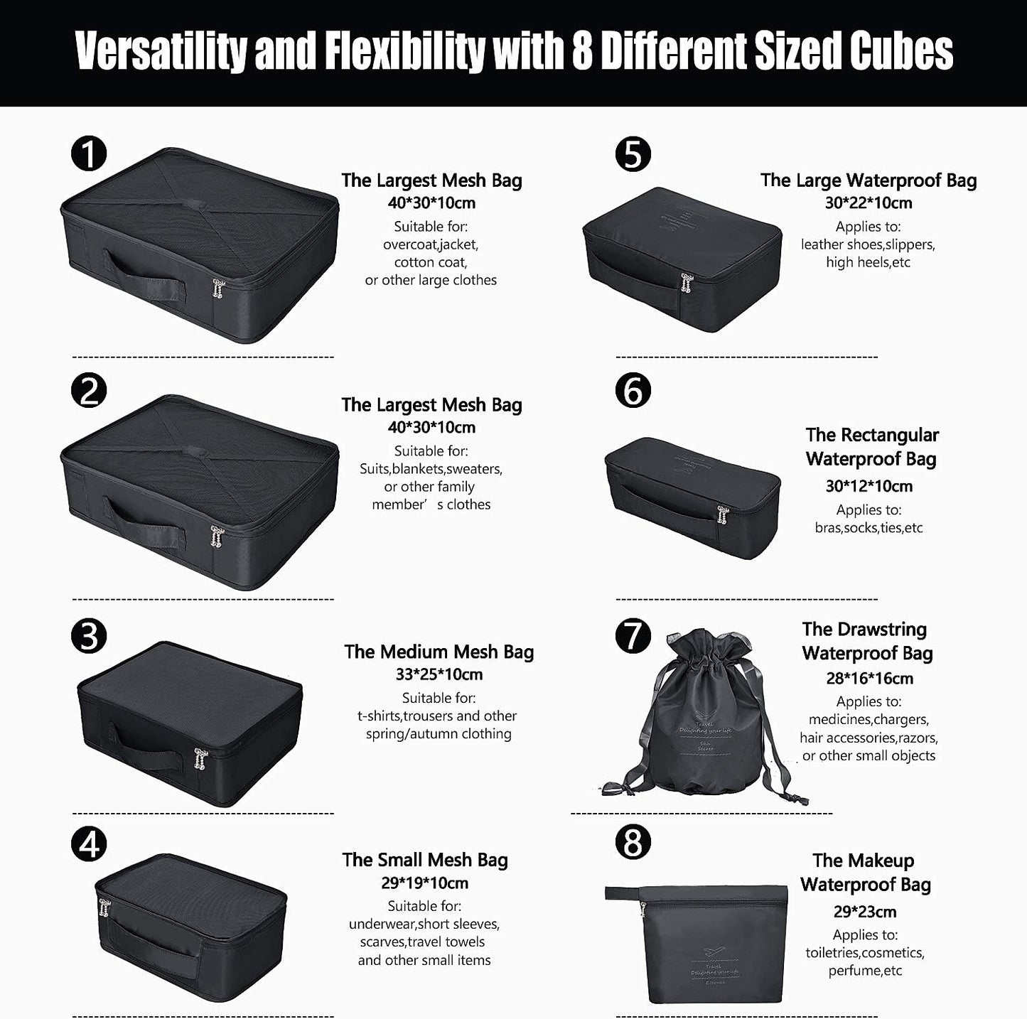 Suitcase Organizer 8 Pieces Latest Travel Design Travel Organizers Include Waterproof Storage Bag Shoe Compression Bags for Travel, Black, S M L
