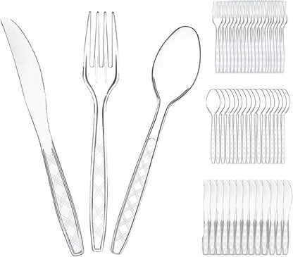 Clear Plastic Cutlery Set 150 PCS, Disposable Cutlery Set - 50 Forks, 50 Spoons, 50 Knives, Reusable Plastic Silverware for Birthday Party Supplies