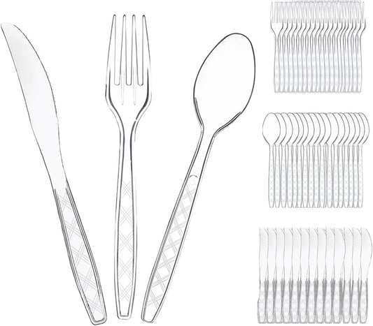 Clear Plastic Cutlery Set 150 PCS, Disposable Cutlery Set - 50 Forks, 50 Spoons, 50 Knives, Reusable Plastic Silverware for Birthday Party Supplies