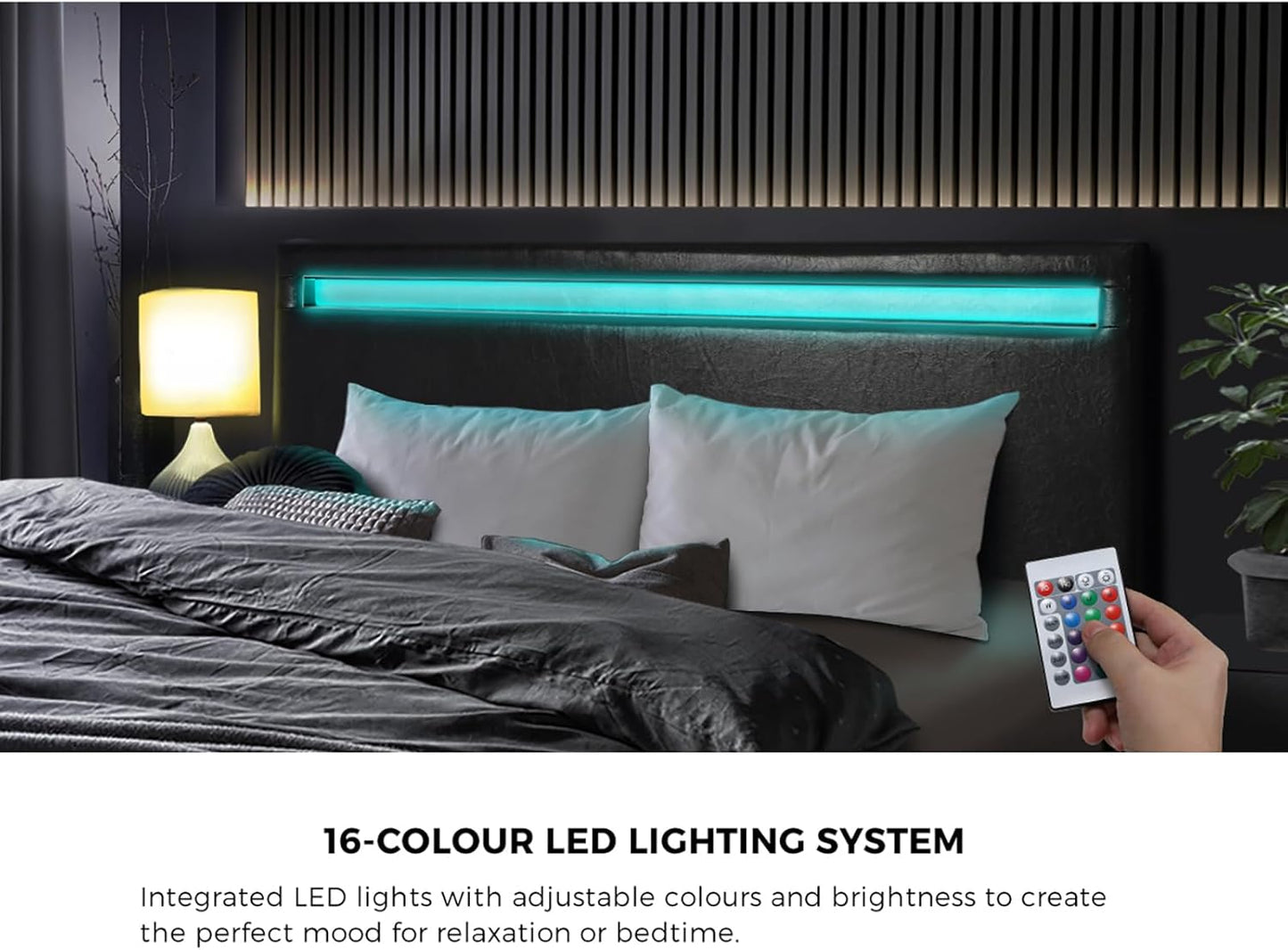 Oikiture Bed Frame Double Size Pu Leather Bed Frame Gas Lift with Storage and LED Light Bed Base Black