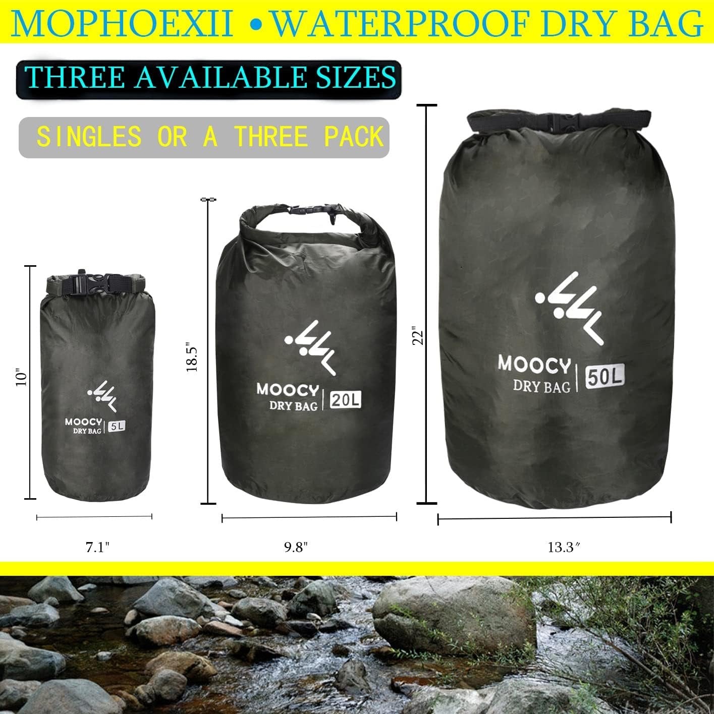 MOPHOEXII Waterproof Dry Bag,1pk or 3pk Lightweight Waterproof Storage Dry Sacks,5L, 20L and 50L Sizes Waterproof Pack Liner for Outdoor Camping Boating Hiking Rafting(Dark Green, 3 Pk - 5L, 20L,50L)