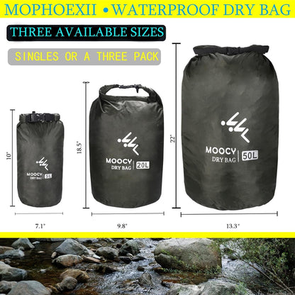 MOPHOEXII Waterproof Dry Bag,1pk or 3pk Lightweight Waterproof Storage Dry Sacks,5L, 20L and 50L Sizes Waterproof Pack Liner for Outdoor Camping Boating Hiking Rafting(Dark Green, 3 Pk - 5L, 20L,50L)