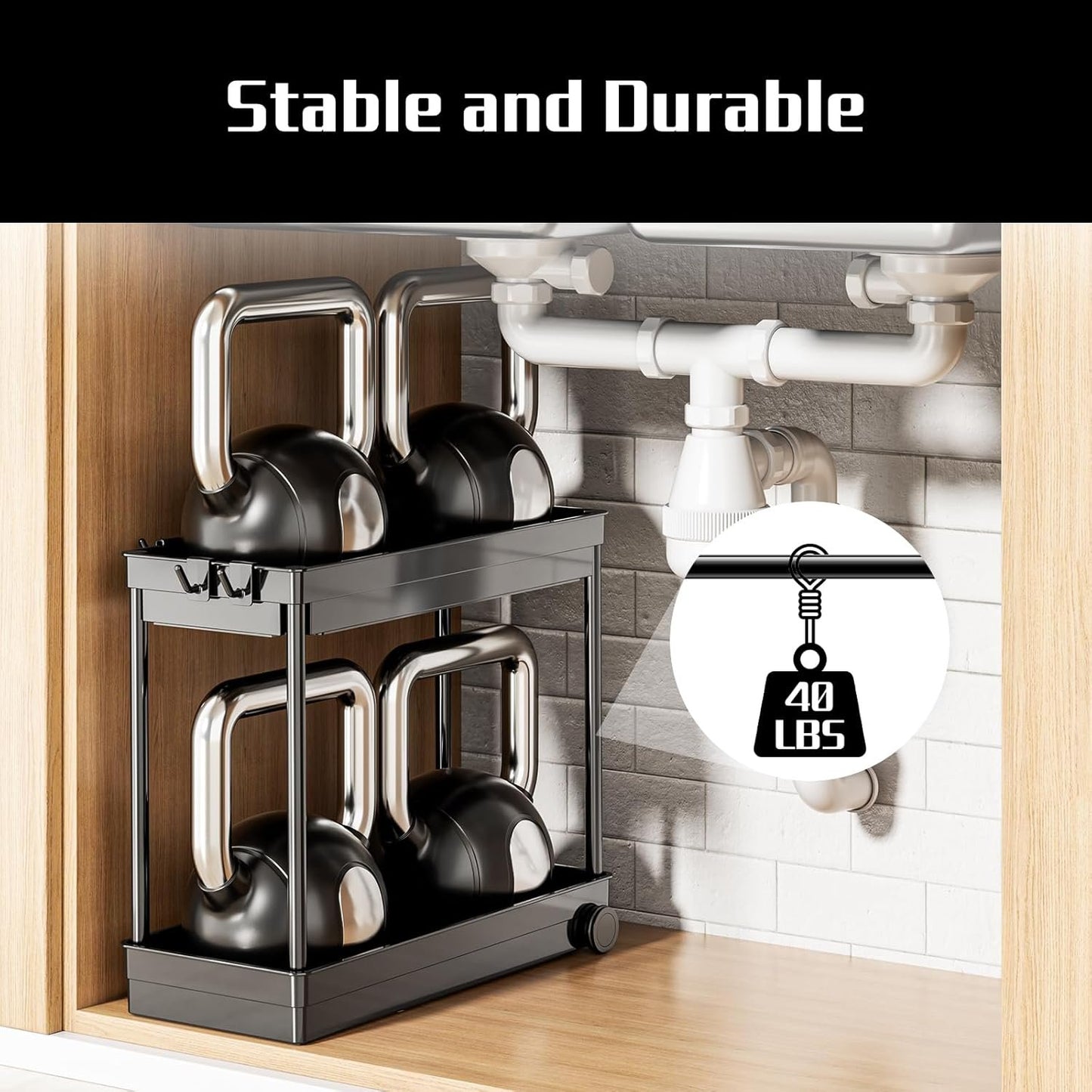 Cicilyna 2 Pack Under Sink Organizer, 2 Tier Bathroom Cabinet Organizers and Storage with Hook, Multi-purpose Storage Basket Shelf for Kitchen, Black