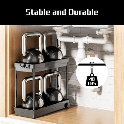 Cicilyna 2 Pack Under Sink Organizer, 2 Tier Bathroom Cabinet Organizers and Storage with Hook, Multi-purpose Storage Basket Shelf for Kitchen, Black