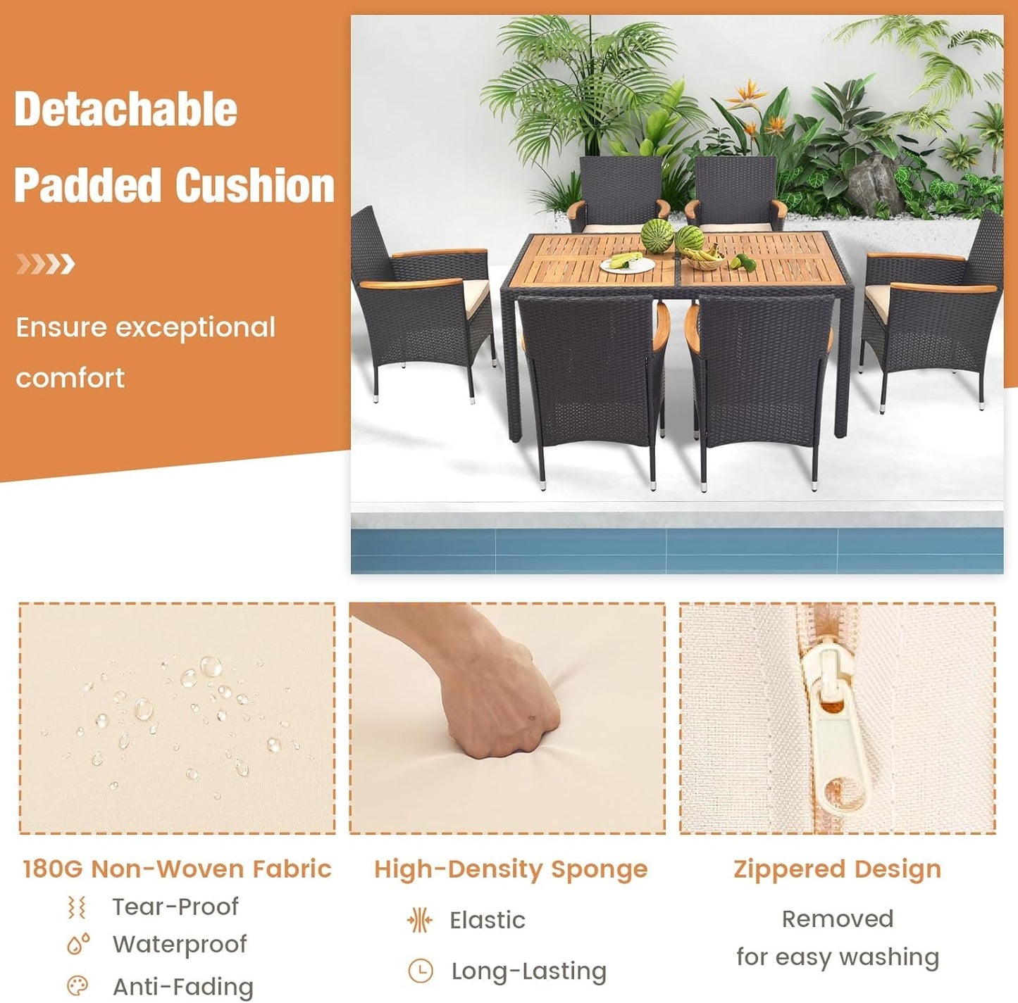 HAPPYGRILL 7 Pieces Outdoor Dining Set, Patio Conversation Set with Umbrella Hole, Acacia Wood Tabletop & Seat Cushions, Dining Table with 6 Rattan Wicker Chairs for Backyard Poolside Deck