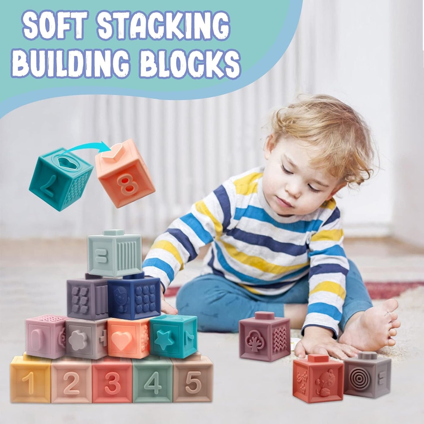 Plunack Baby Toys 6-12 Months Montessori Sensory Toys for Toddlers 3 in 1 Stacking Building Blocks Soft Infant Teething Toys Educational Learning Toys for Babies 3-6-9-12 Months Boys Girls