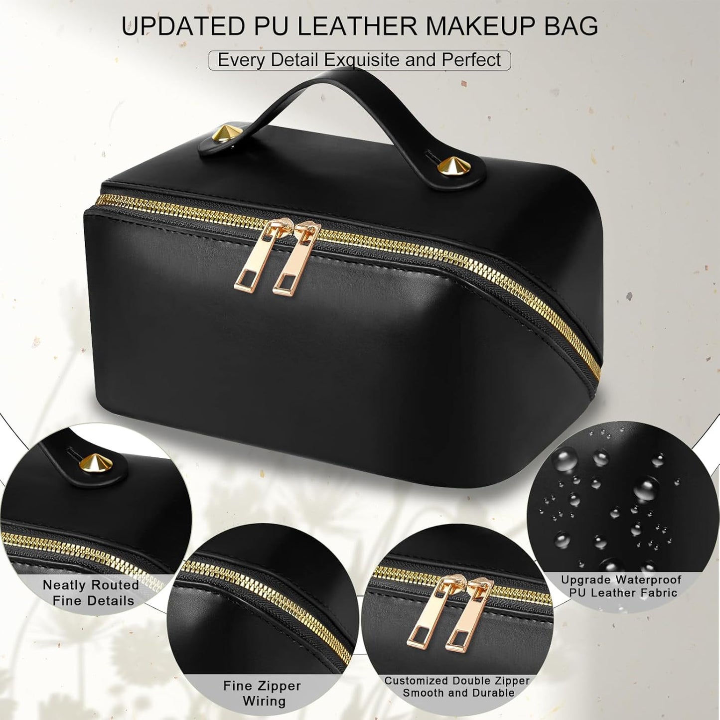 Travel Cosmetic Bag, Large Travel Beauty Case for Women, Make-Up Bag for Women, Updated PU Leather, Toiletry Makeup Bag Organizer, Smooth-Black
