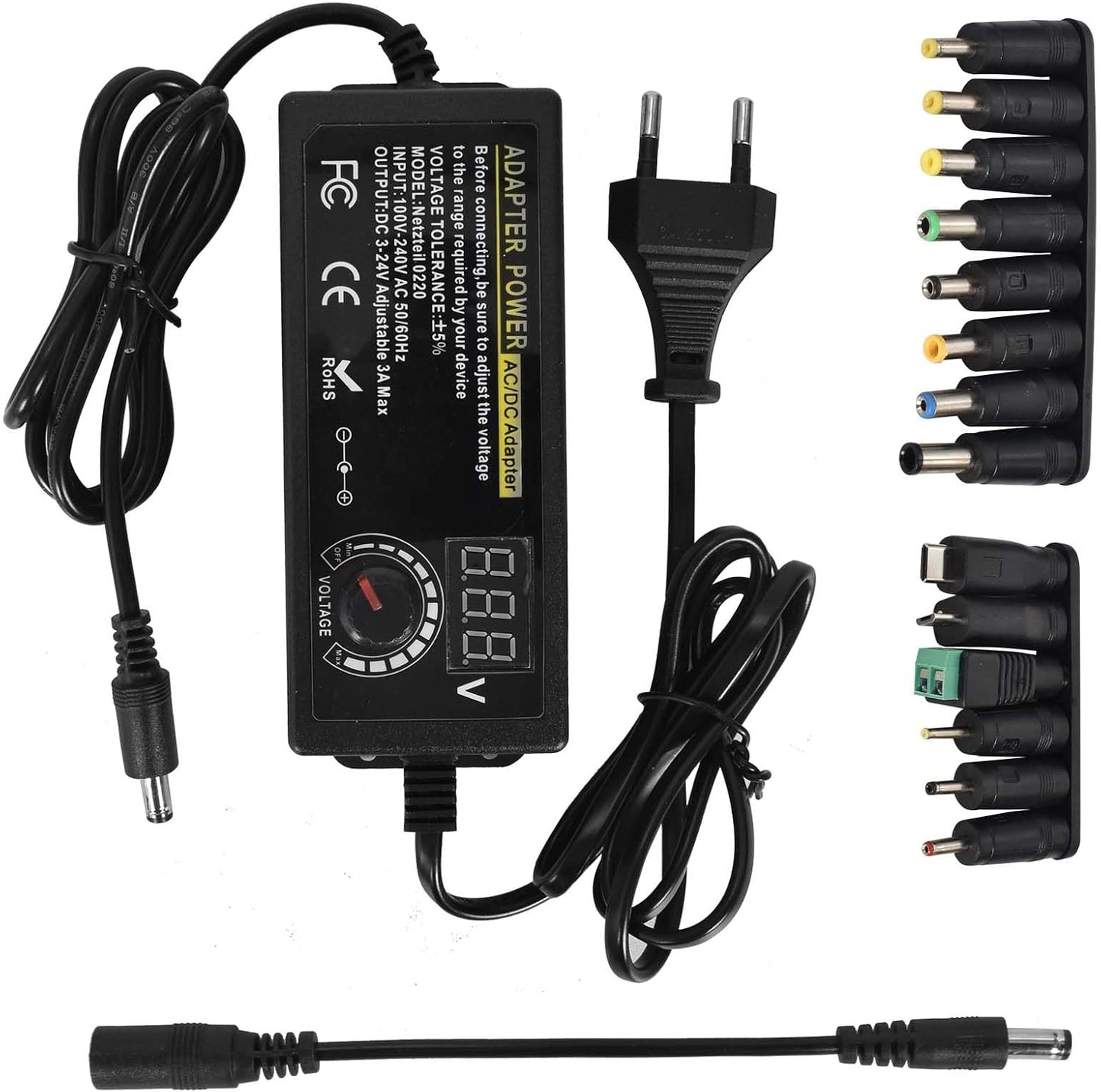 Adjustable Power Adapter 3V-24V 5A 120W, Universal AC/DC 100V-240V AC to DC Adapter with 14 Tips and Polarity Converter for Home Electronics and USB Devices – 3A Max