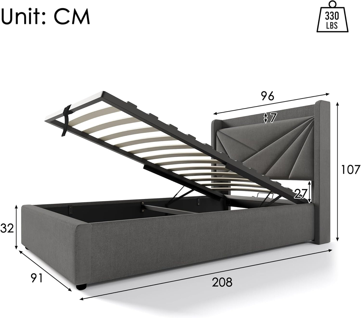 BNUZ Single Padded Bed, Bed Storage Box with USB Type C Charging Function, Headboard, Linen Material, 90 x 200 cm with Grid (No Mattress) (Grey, 90 x 200 cm)
