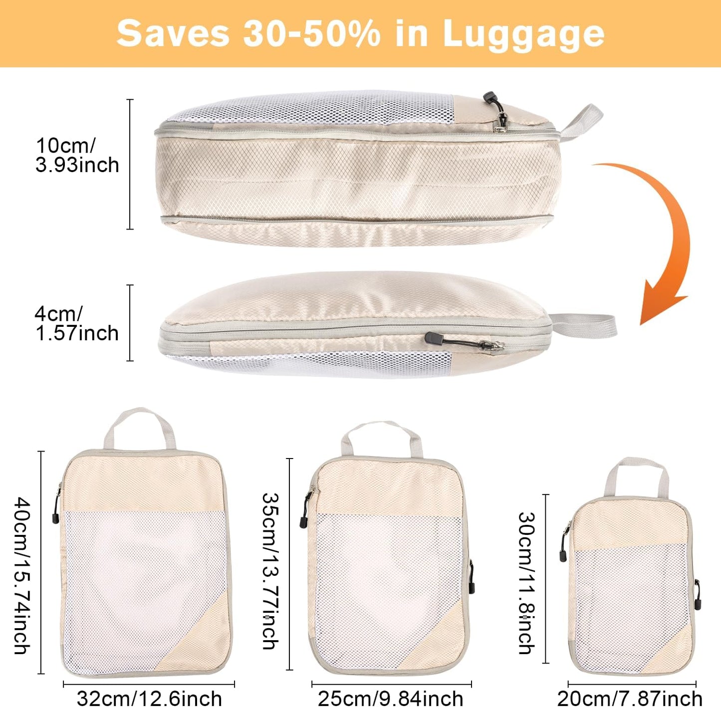 Space-Saving Suitcase Organizer Travel Organizer Suitcase Compression Travel Useful Accessories Waterproof Travel Bags for Underwear Footwear Clothes Fabric, Beige, 3 Pieces