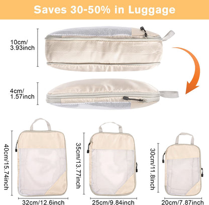 Space-Saving Suitcase Organizer Travel Organizer Suitcase Compression Travel Useful Accessories Waterproof Travel Bags for Underwear Footwear Clothes Fabric, Beige, 3 Pieces