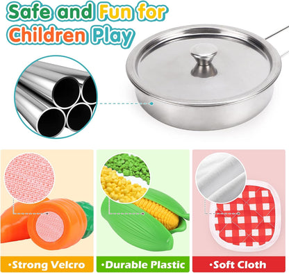 Qizebaby Kids Kitchen Pretend Play Toy Set with Stainless Steel Cookware, Cooking Utensils, Apron & Chef Hat, Cutting Fruits & Vegetables, Preschool Kitchen Play for Toddler Boys & Girls