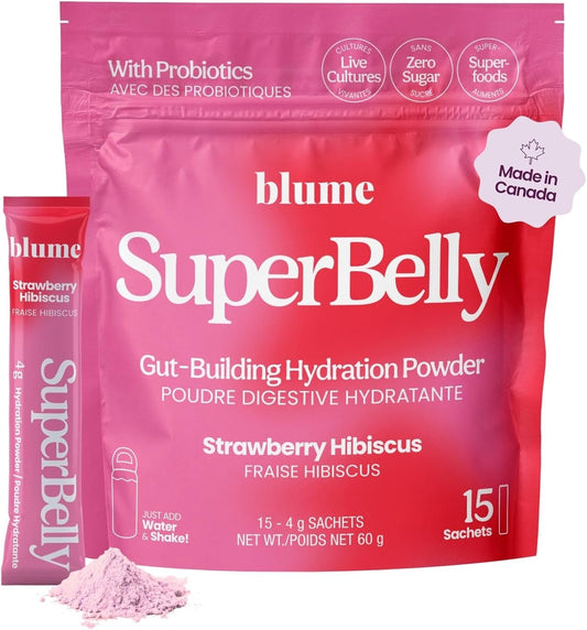 Blume SuperBelly Gut Health Hydration Packets, Made in Canada, Sugar-Free, with Prebiotics, Probiotics, Apple Cider Vinegar, and Electrolytes, Strawberry Hibiscus, 15 Sticks