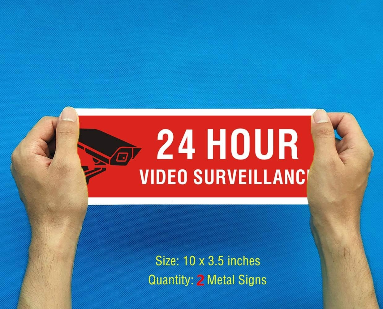 Video Surveillance Metal Sign Under 24 Hour for Business House Camera Security Warning Aluminum Sign CCTV (2 Pack 10 x 3.5 inches)