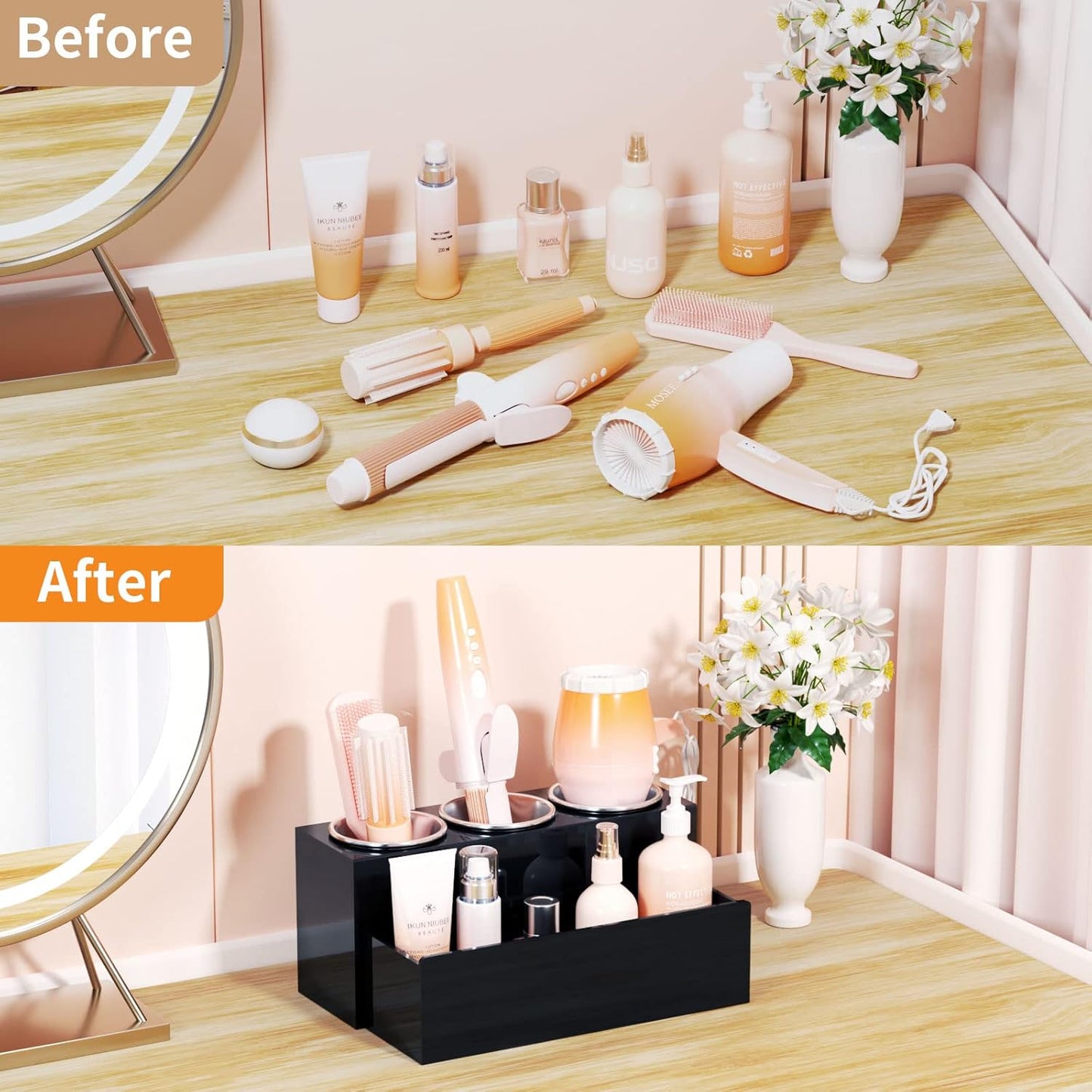NIUBEE Hair Tool Organizer, Acrylic Hair Dryer and Styling Holder, Bathroom Countertop Blow Dryer Organizer, Vanity Storage Stand for Accessories, Makeup, Toiletries (Black)