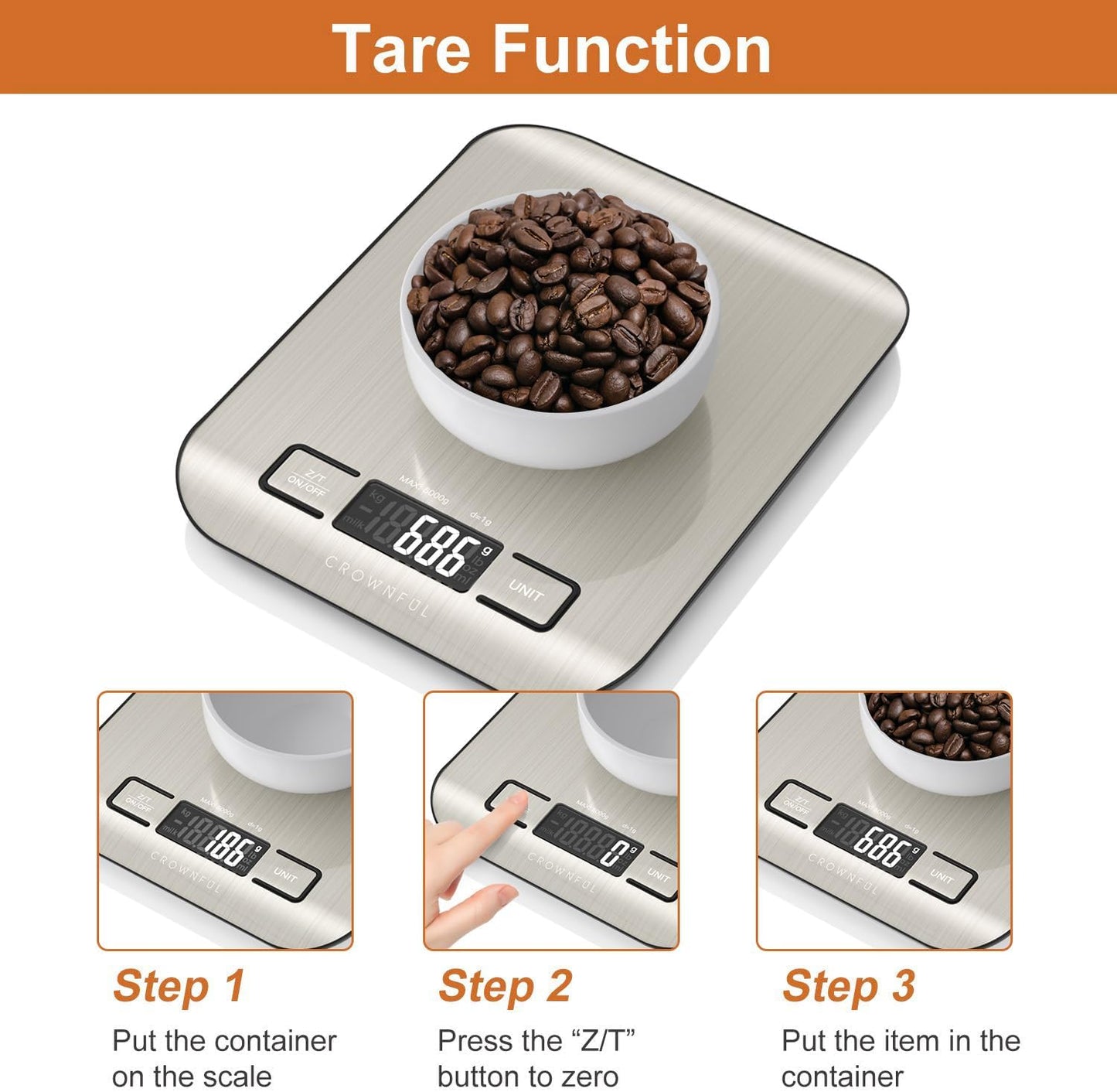 CROWNFUL Food Scale, 11lb Digital Kitchen Scales with Built-in Coin Battery, Weight Ounces and Grams for Cooking and Baking, 6 Units with Tare Function