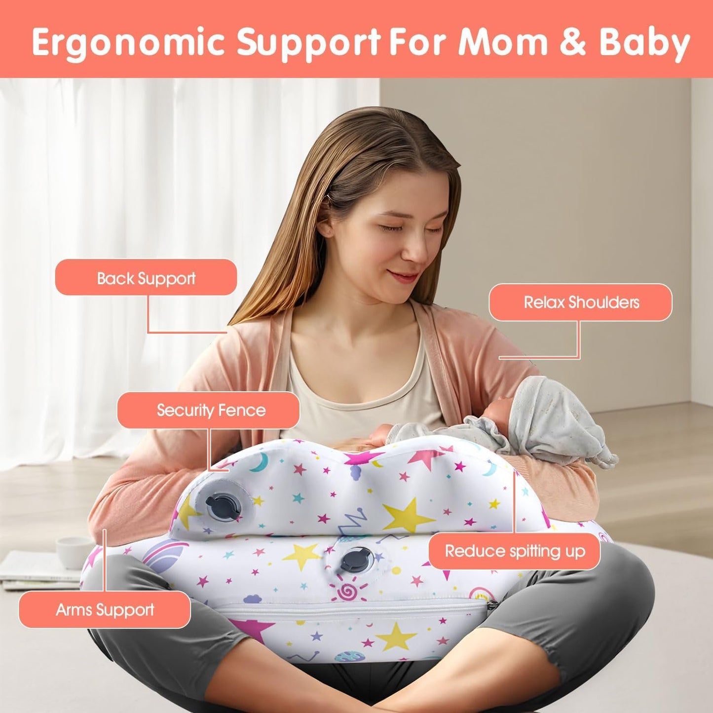 Portabuddy Travel Anywhere Inflatable Nursing Pillow for Breastfeeding Breast Feeding Pillow for Mom & Baby Support, Removable Pure Cotton Cover, Adjustable Waist Strap, Newborn Essentials Must Haves