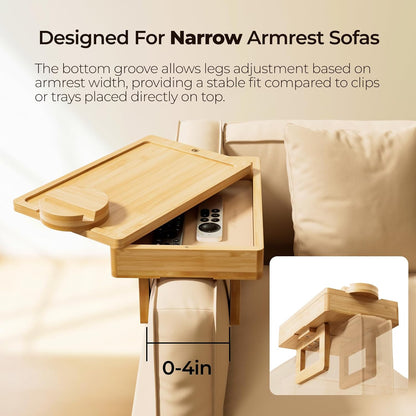 Wealone Mini Couch Arm Table for Narrow Armrest, Bamboo Sofa Arm Tray with Storage Box, Rotating Tabletop & Phone Stand, Adjustable Sofa Arm Table Clip for Snacks or Dining, Width of Armrest 1-7 Inch