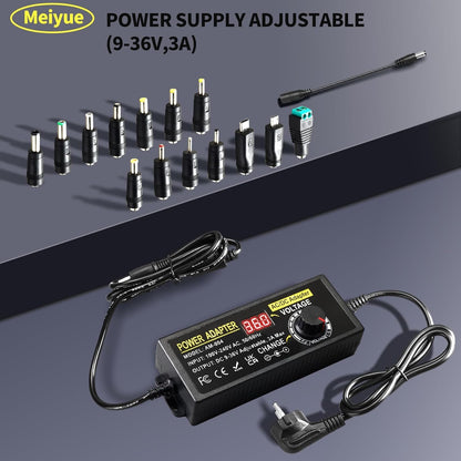 3A 108W Adjustable Power Supply, 9V-36V Universal Adjustable 100V-240V AC to DC Power Adapter with 14 Tips and Polarity Cable for Home Electronics, LED Strips