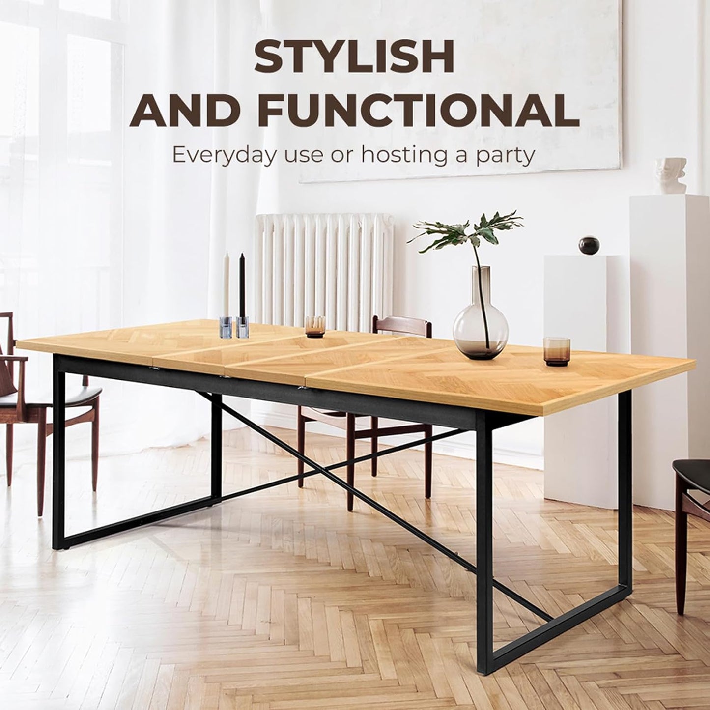 LEVEDE Extendable Dining Table for Large Gatherings, 6-10Seater Wooden Kitchen Table, Modern Metal Legs Dining Room Furniture, Multi-Purpose Desk for Dining, Meeting, Working 150-210 x 90 x 76cm (Oak)