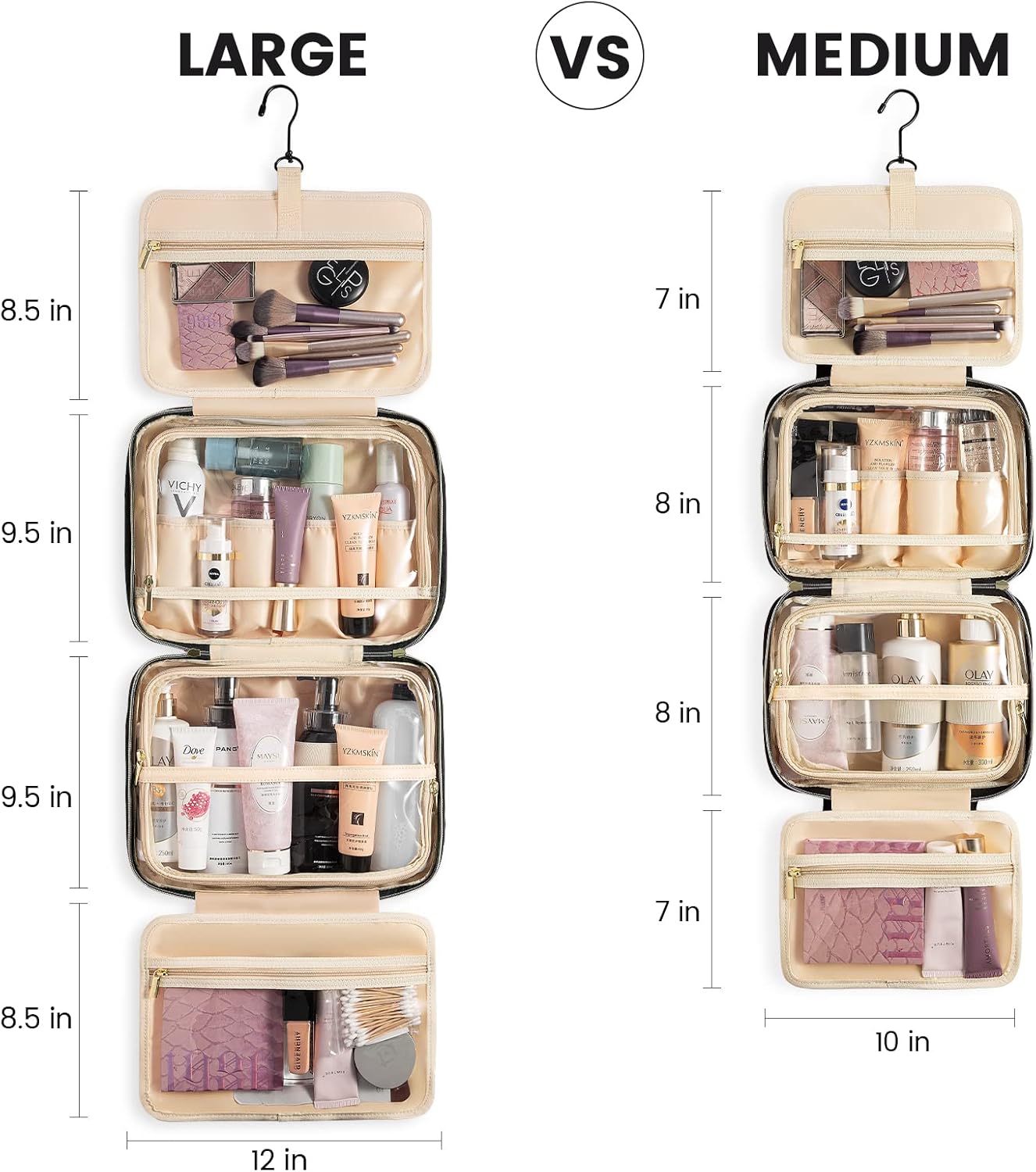 LOVEVOOK Women's Travel Toiletry Bag, Waterproof Makeup Bag Necessary High Capacity Travel Makeup Bag Useful Accessories with Hook, Black