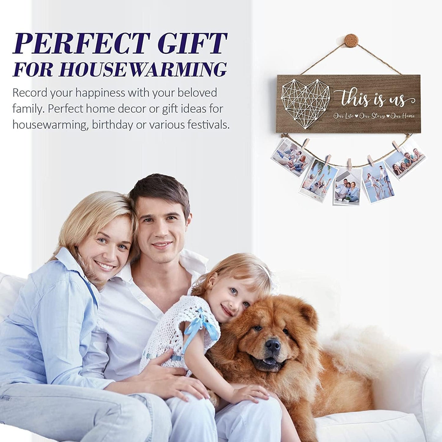 Baoswi Housewarming Gifts New Home Wall Decor Sign, This is Us Family Picture Frame Wedding Gifts for Couples Farmhouse Rustic Hanging Photo Holder, Gift for New Homeowner
