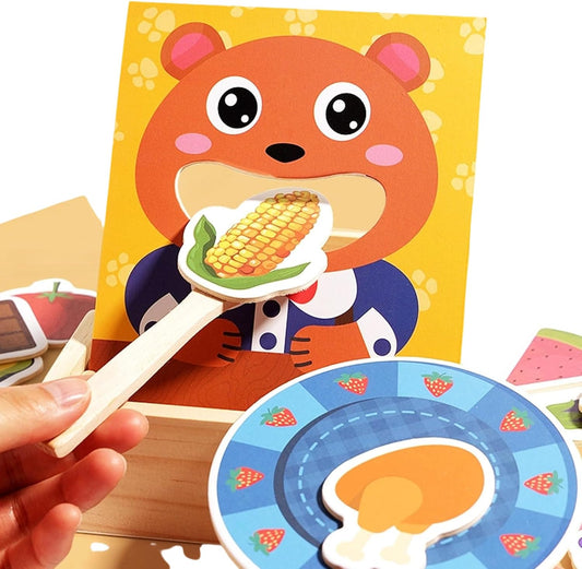 Wooden Feeding Toy, Bear Pretend Food Set, Encourages Learning Play Set, Educational Training Game for Toddler Ages 3+, 6.61 x 5.79 x 1.89 inches, Multicolour