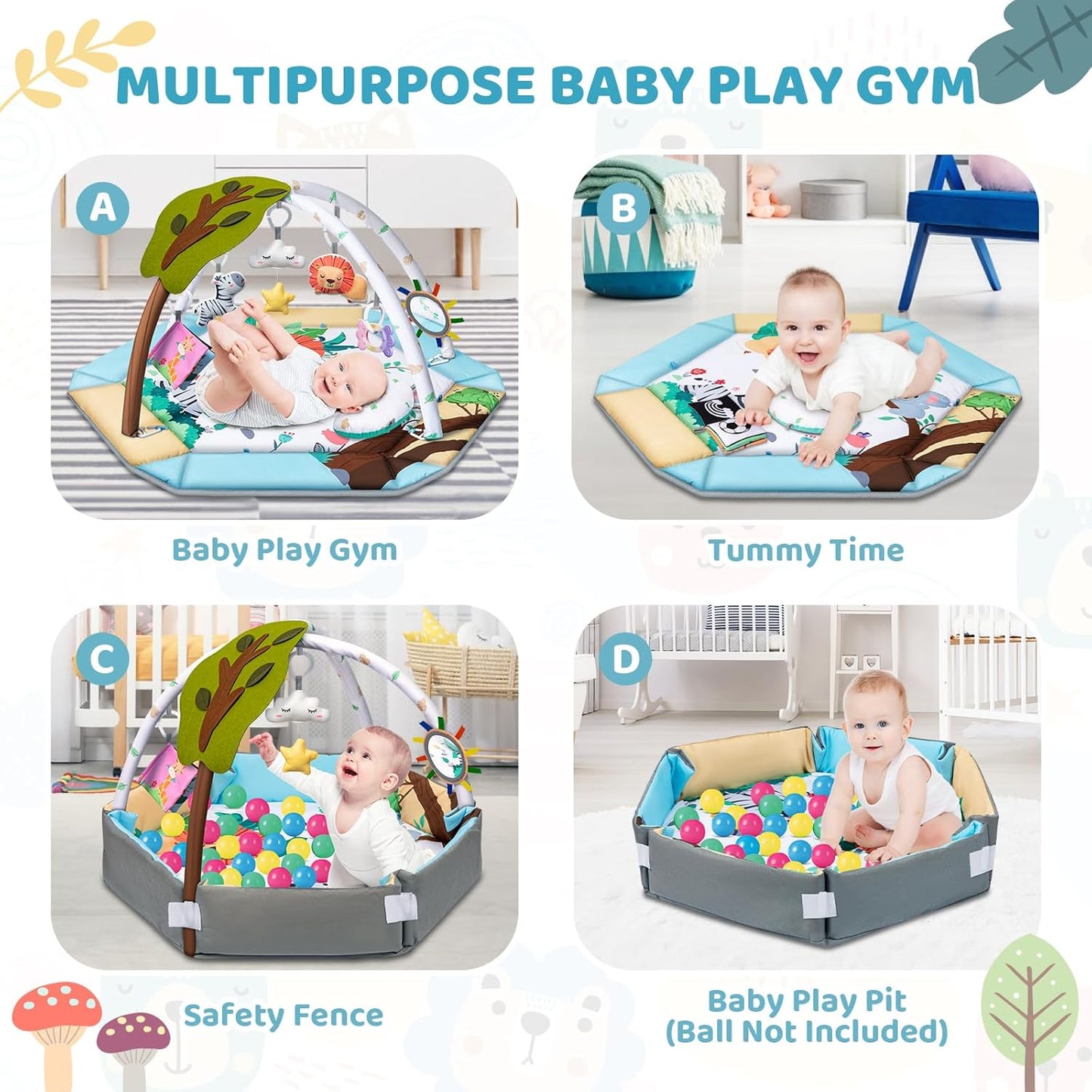 Baby Gym Play Mat, 8-in-1 Tummy Time Mat & Ball Pit with 6 Toys, Washable Baby Activity Play Mat for Visual, Hearing, Sensory, Motor Development, Baby Toys Toddler Infant 0-3-6-9-12 Month