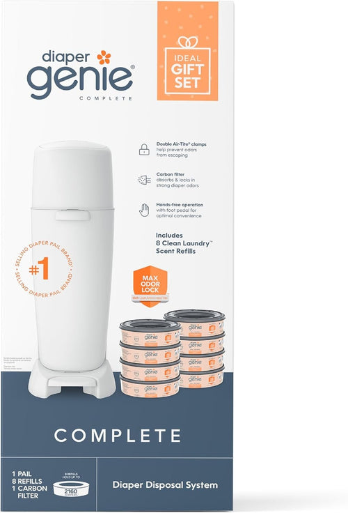 Playtex Diaper Genie Baby Registry Gift Set - Complete Diaper Pail, 8 Refills, 8 Carbon Filters for Odor Control