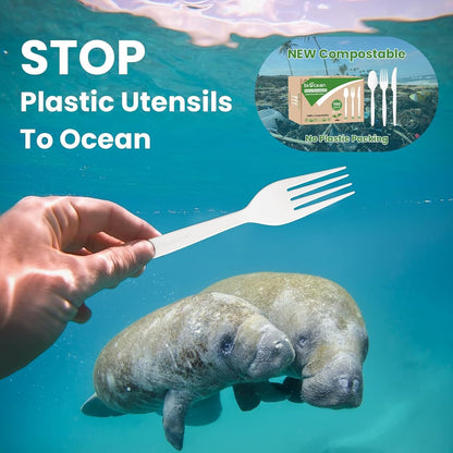 Biocean Extra Heavyduty Compostable Forks [200 Count,7In] Disposable Cutlery No Plastic Forks Large Biodegradable Utensils Eco Friendly Silverware Serving Flatware for Party,Daily Use,BBQ,Picnic