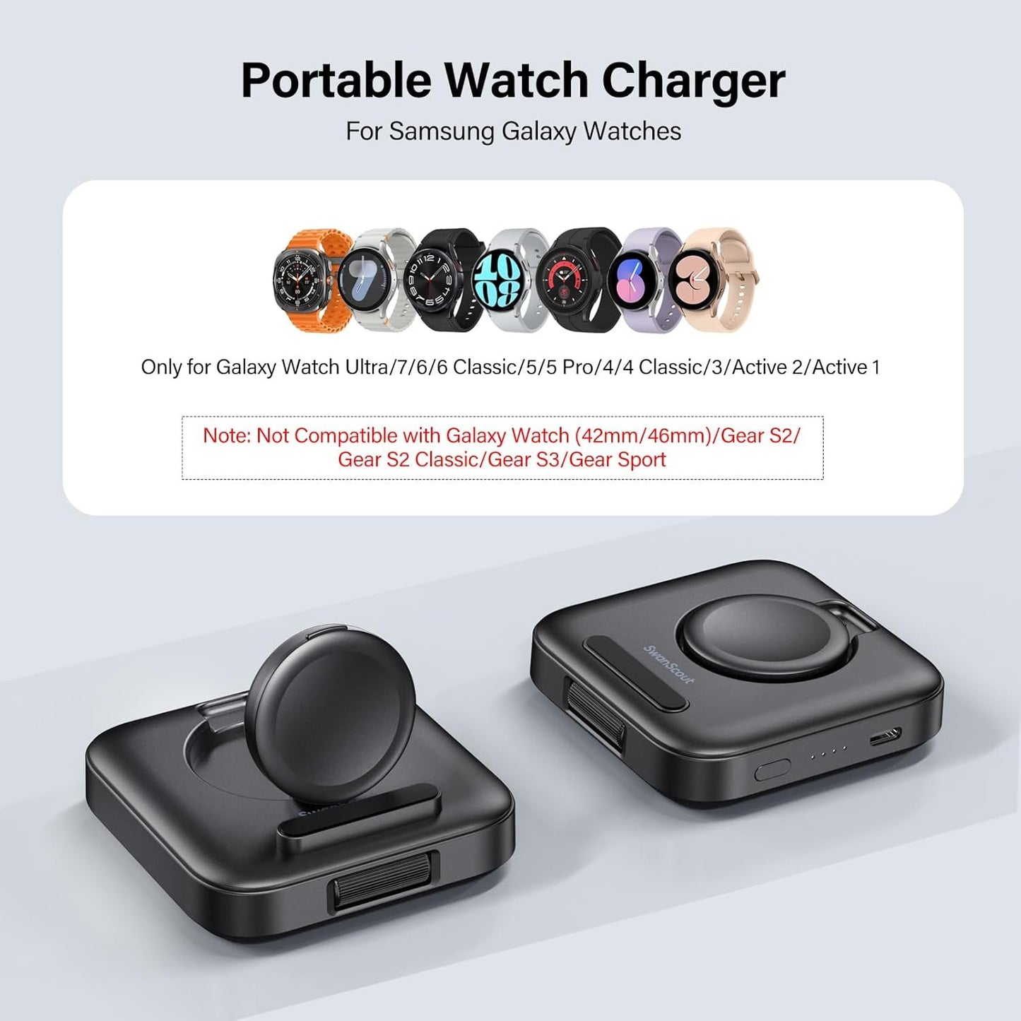 SwanScout Portable Watch Charger for Samsung Watch 7, 1800mAh Wireless Charger Satnd for Galaxy Watch Ultra/7/6/6 Classic/5/5 Pro/4/3/Active 2, Travel Watch Charger, SwanScout 303S