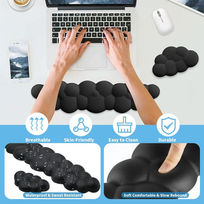 Keyboard & Wrist Rest Pad Set of 2, Keyboard Cloud Wrist Rest, Ergonomic Soft Cloud Mouse Pad with Non-Slip Base, PU Leather Memory Foam Soft Keyboard Rest for PC Gaming Office Computer (Black)
