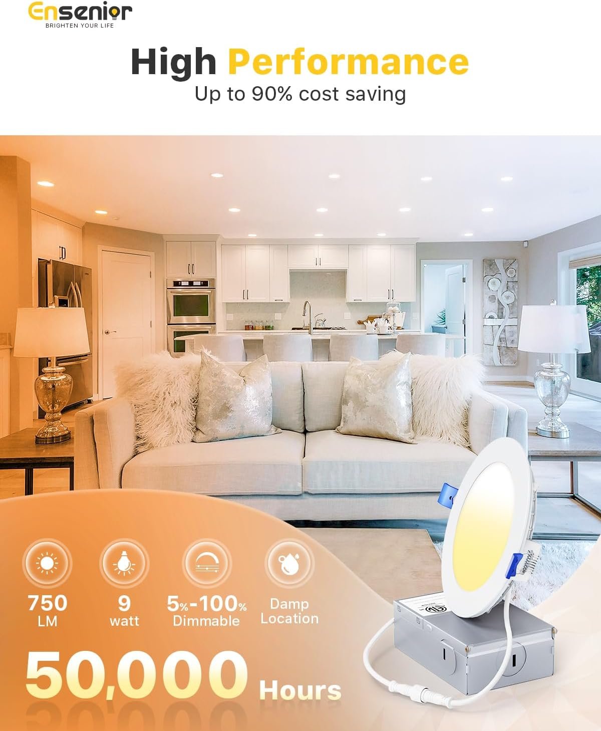 Ensenior 4Inch LED Recessed Slim Pot Light with Junction Box, 2700K/3000K/3500K/4000K/5000K Changeable, 9W 75W Eqv, Dimmable IC-Rated Ceiling Lighting, 750LM High Brightness (12 Pack)