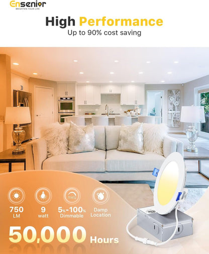 Ensenior 4Inch LED Recessed Slim Pot Light with Junction Box, 2700K/3000K/3500K/4000K/5000K Changeable, 9W 75W Eqv, Dimmable IC-Rated Ceiling Lighting, 750LM High Brightness (12 Pack)