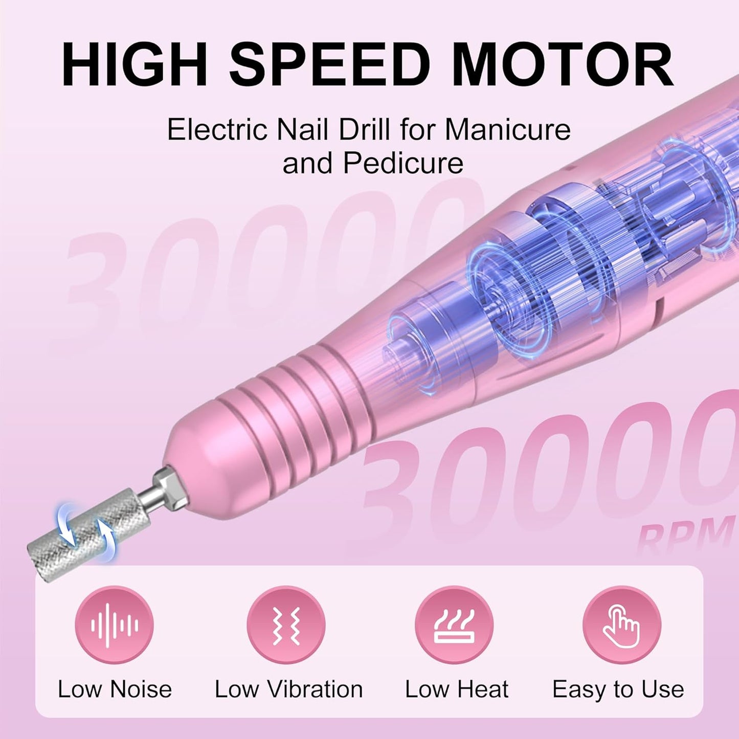 Professional Electric Nail Drill File:COSYGLOW Glitter Portable Cordless E-File Nail Drill Kit with 11 Drill Bits,30000 RPM Rechargeable Nail Drills Machine for Acrylic Nails Gel Polishing(Pink)