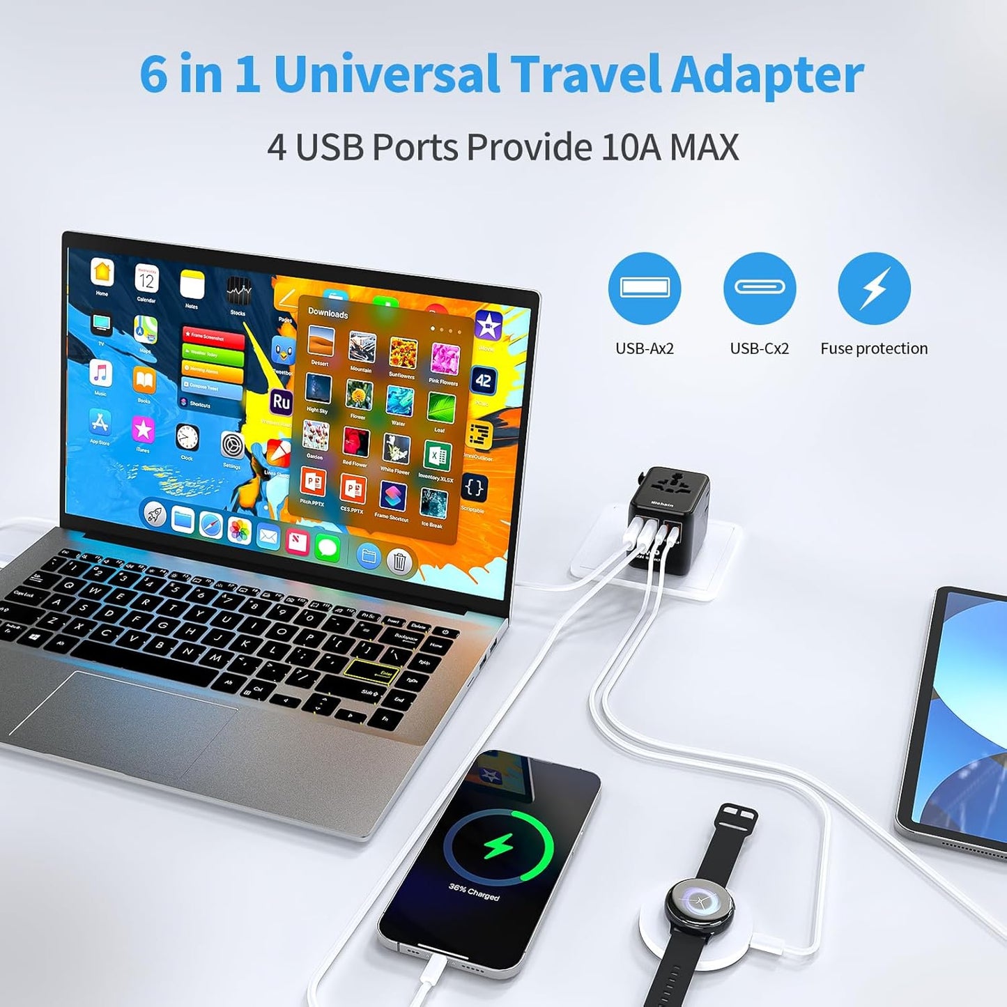 Hichain Universal Travel Adapter 70W PD Fast Charging Travel Adapter 2 USB-A Ports 2 USB-C Ports International Travel Plug All-in-one Wall Adapter for USA EU UK AUS