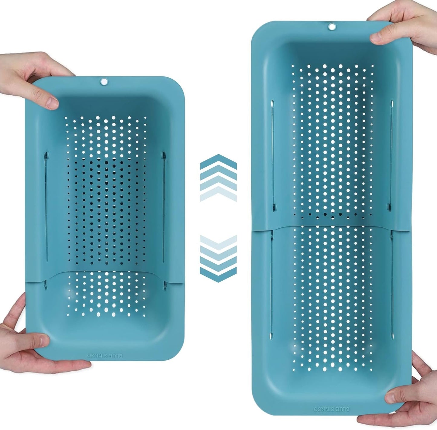 BLUE GINKGO Over The Sink Colander Strainer Basket - Wash Vegetables and Fruits, Drain Cooked Pasta and Dry Dishes - Extendable - New Home Kitchen Essentials (20 W x 36.8-49.5 L x 6.9 H cm) - Teal
