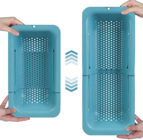 BLUE GINKGO Over The Sink Colander Strainer Basket - Wash Vegetables and Fruits, Drain Cooked Pasta and Dry Dishes - Extendable - New Home Kitchen Essentials (20 W x 36.8-49.5 L x 6.9 H cm) - Teal
