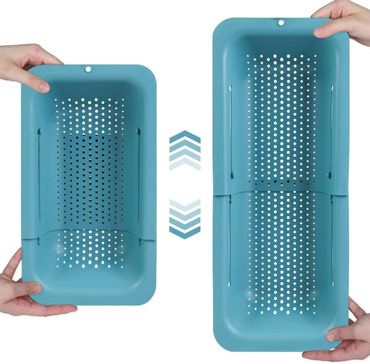 BLUE GINKGO Over The Sink Colander Strainer Basket - Wash Vegetables and Fruits, Drain Cooked Pasta and Dry Dishes - Extendable - New Home Kitchen Essentials (20 W x 36.8-49.5 L x 6.9 H cm) - Teal
