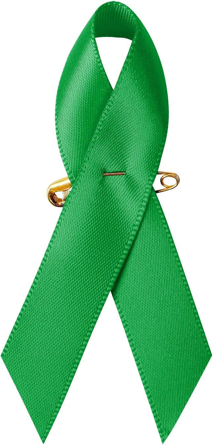 200 Pieces Green Satin Awareness Ribbons with Safety Pins for Mental Health Awareness 1.4 x 3 inch