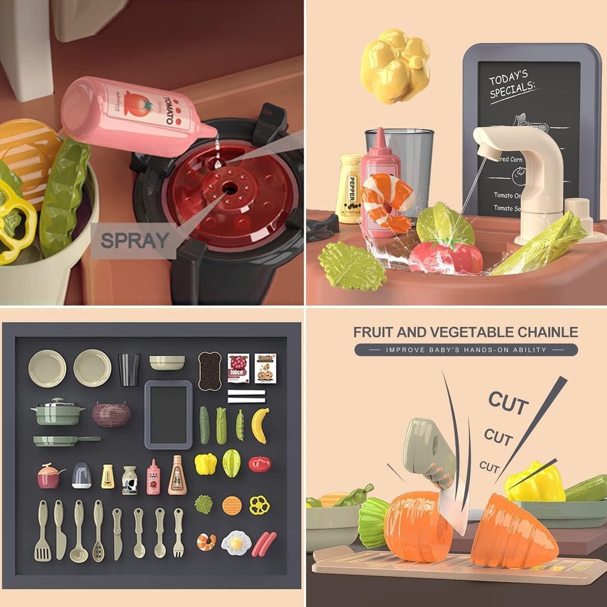 PanKome Kitchen Toy for Kid, Kitchen Playset Pretend Food - Toy Accessories Set w/ Real Sounds & Light, Play Sink, Cooking Stove with Steam, 44 PCS Kitchen Toys for Toddlers Kids, Girls & Boys (Orange)