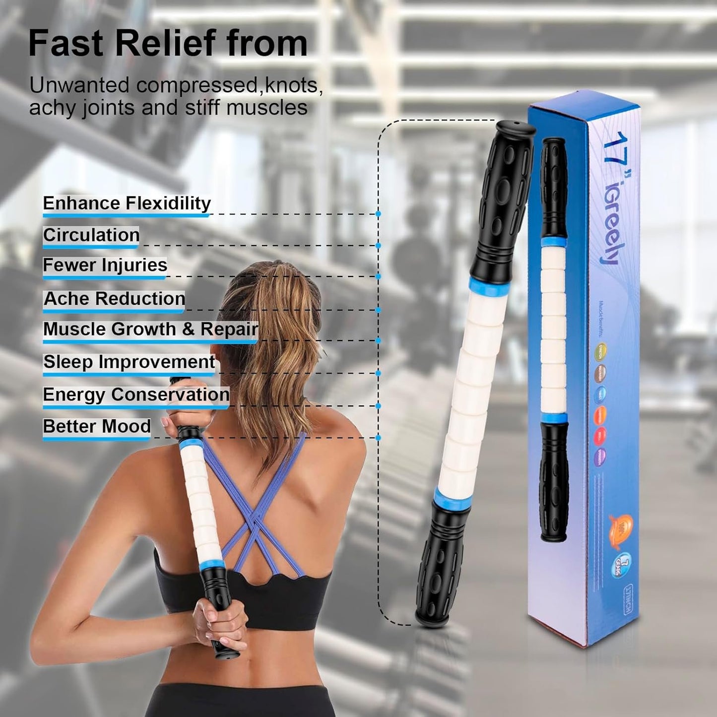iGreely Premium Muscle Roller The Ultimate Massage Roller Stick 17 Inches Recommended by Physical Therapists Promotes Recovery Fast Relief for Cramps Soreness Tight Muscles White(bendable)