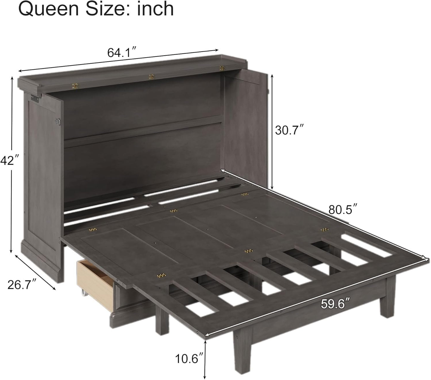GDFStudio Queen Size Farmhouse Style Murphy Bed Cabinet with USB Charging Port, Solid Pine Wood Foldable Chest Bed with Large Storage Drawer for Guest Room, Small Apartment, or Home Office, Gray