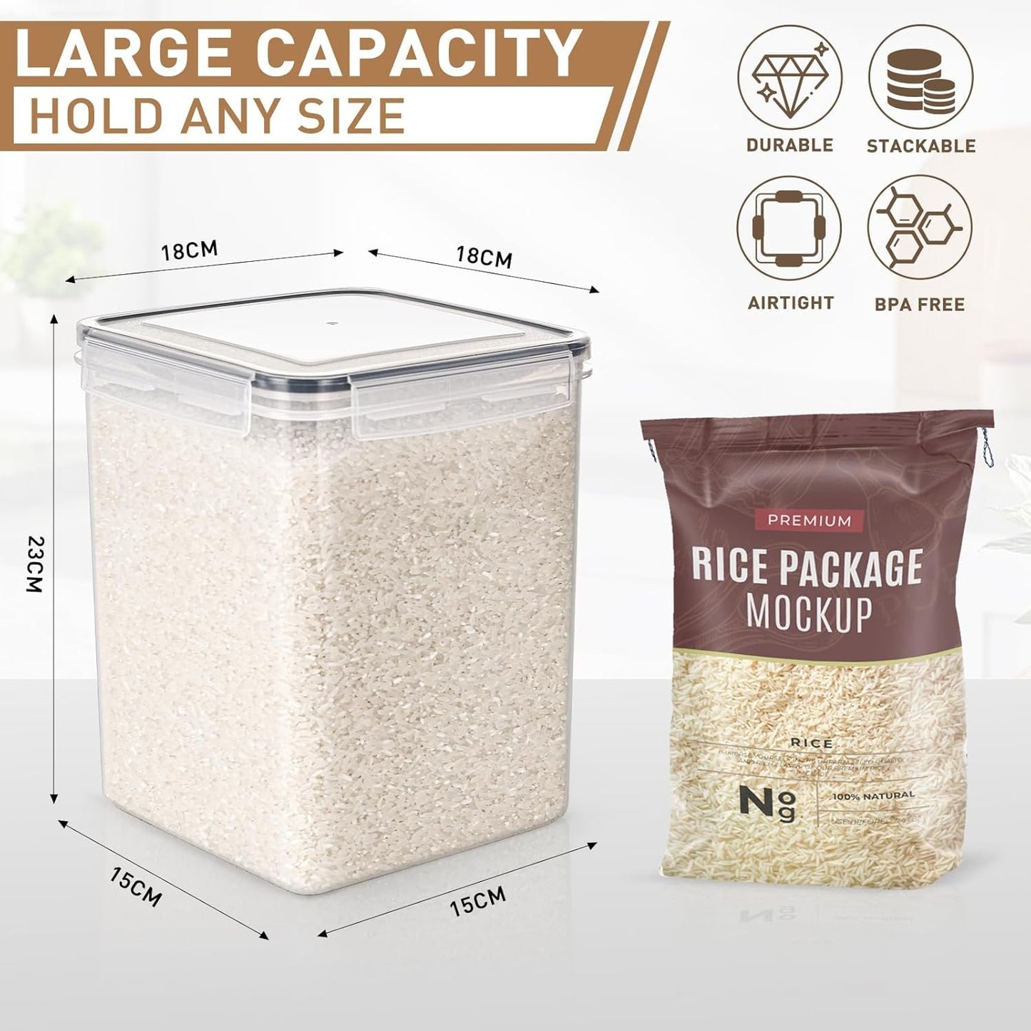 Feshory 4 Pack Extra Large Airtight Food Storage Containers (5.2 L/Each) - Cereal Rice Dispenser, Pantry Organiser with 100% Leak-Proof Lids for Kitchen & Home Organisation