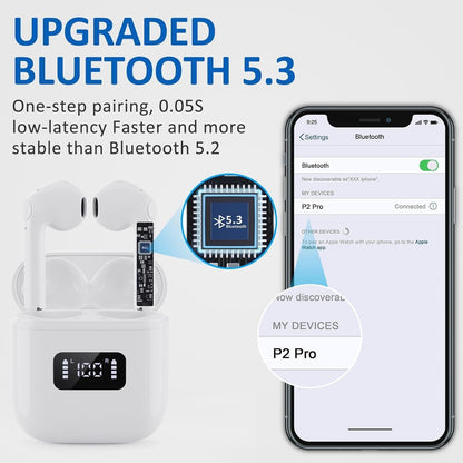 Wireless Earbuds Bluetooth 5.3 Hi Fi Stereo Noise Canceling in - Ear Headphones, Charging Case with Led Power Display, Touch Control, Waterproof,Compatible with Multiple Devices & for Sports