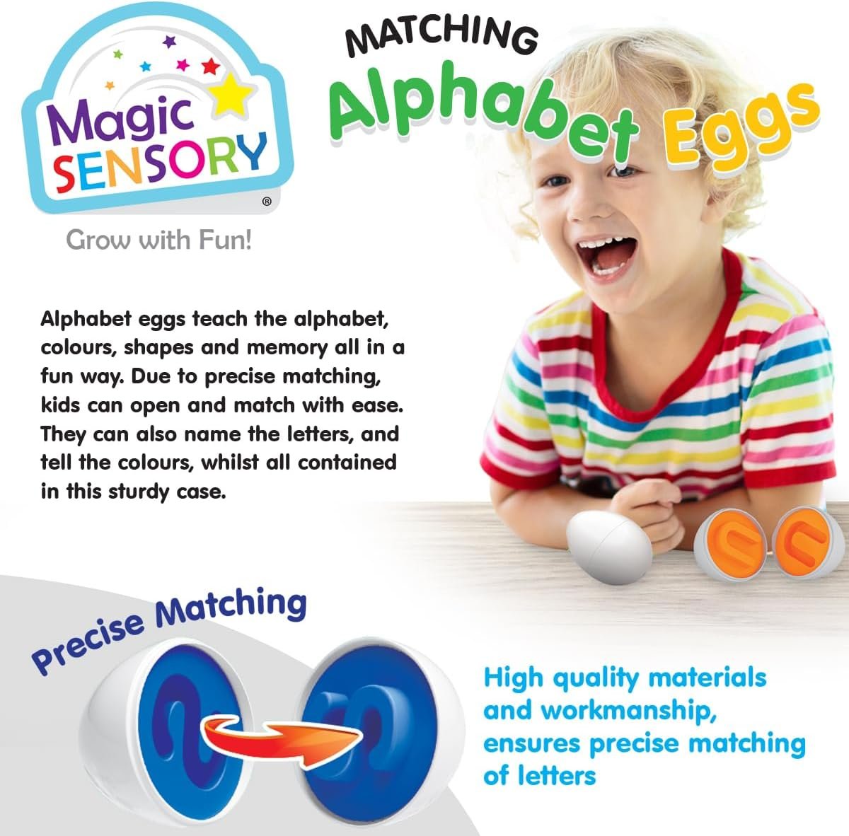 Magic Sensory Alphabet Eggs â€“ 26 Plastic Colourful Matching Egg Toy Set for Kids â€“ Montessori Sensory Learning Activity, Learn Aâ€“Z Letters and Colours â€“ Educational Toy for Toddlers Ages 1â€“3