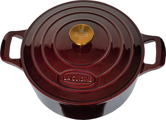 La Cuisine Enameled Cast Iron Dutch Oven Casserole Dish Pot with Lid, 5 QT 10.3“ /26cm Dia. Internal Matte Black Enamel Coating Gold-Plated SS Lid Handle Oven Safe up to 500° F, Cranberry